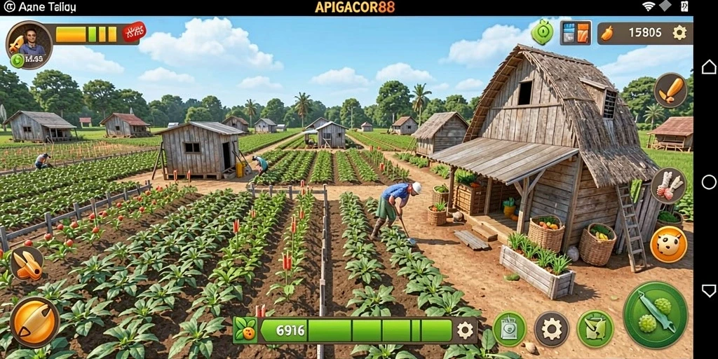 Tampilan gameplay APIGACOR88 dengan ladang yang subur dan hewan peliharaan yang bahagia.