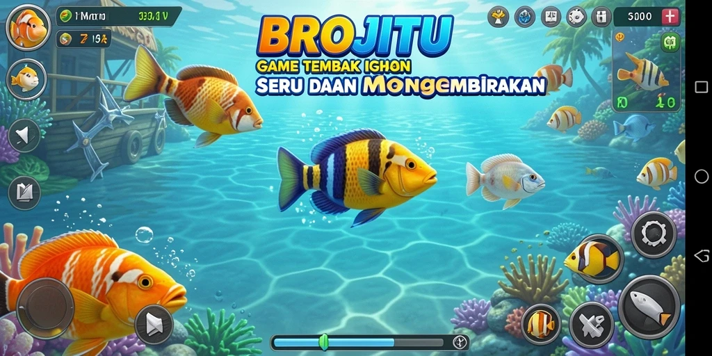 Tampilan gameplay BROJITU dengan aksi menembak ikan yang seru.