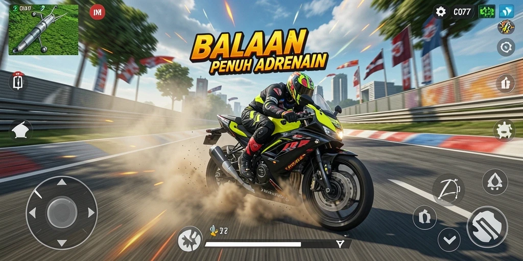 Gameplay intens di dalam balapan motor C0077 yang menantang.