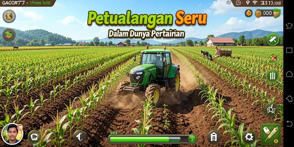 Screenshot gameplay GACOR77 menampilkan kebun yang subur dan interaksi antar pemain.
