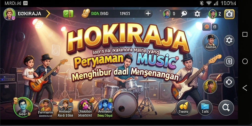 Screenshot utama HOKIRAJA menampilkan penggunanya sedang bermain alat musik.