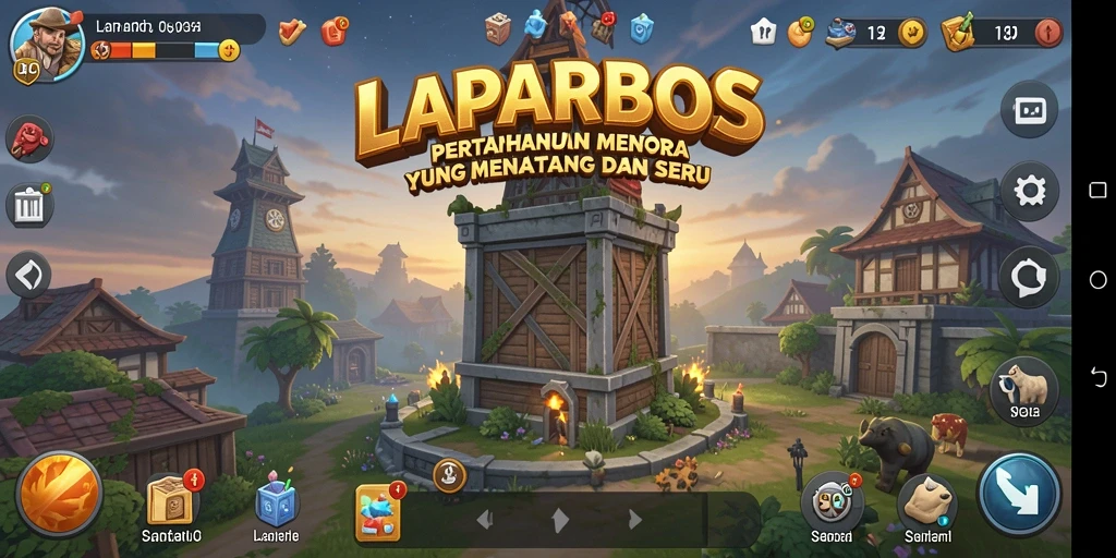 Screenshot gameplay LAPARBOS menampilkan aksi menara yang mendebarkan dan musuh yang menyerang.