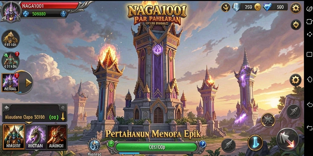 Tampilan menara pertahanan yang strategis dan dinamis di NAGA1001.