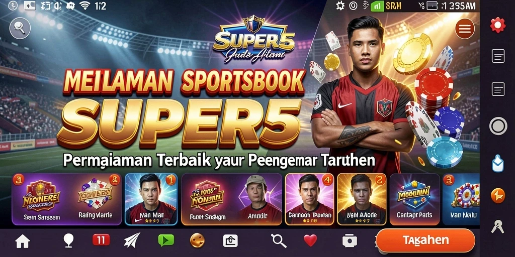 Screenshot menunjukkan antarmuka utama <strong>SUPER5</strong> yang menarik dan pilihan taruhan yang beragam.
